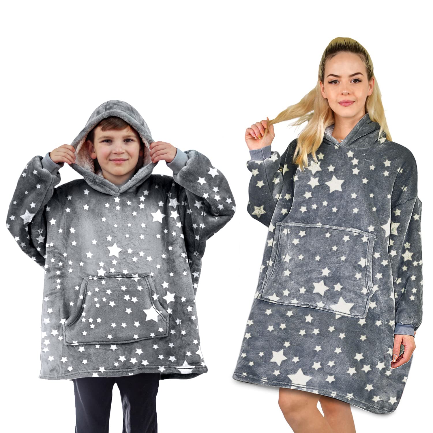 ALLEN & MATE Hoodie Blanket Ultra Soft Warm Cosy Sherpa Fleece Oversized Sweatshirt for Boys Girls Teens Women Men Adults (Grey Star, One Size)