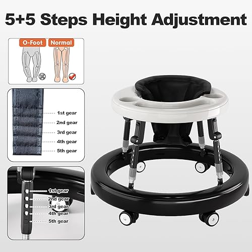 Miniatura 5 de Andador de bebé con ruedas plegable para niños y niñas, para actividades silenciosas y antivuelco, altura ajustable de 10 pasos para bebés de 6 a 18