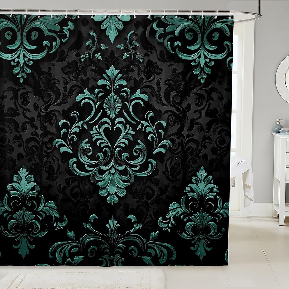 Erosebridal Black Grey Gothic Bathroom Accessories 72" Wx84 L,Vintage Boho Damask Floral Bathroom Curtain,Bohemian Exotic Goth Shower Curtain for Bathtub Victorian Baroque Flower Shower Decor
