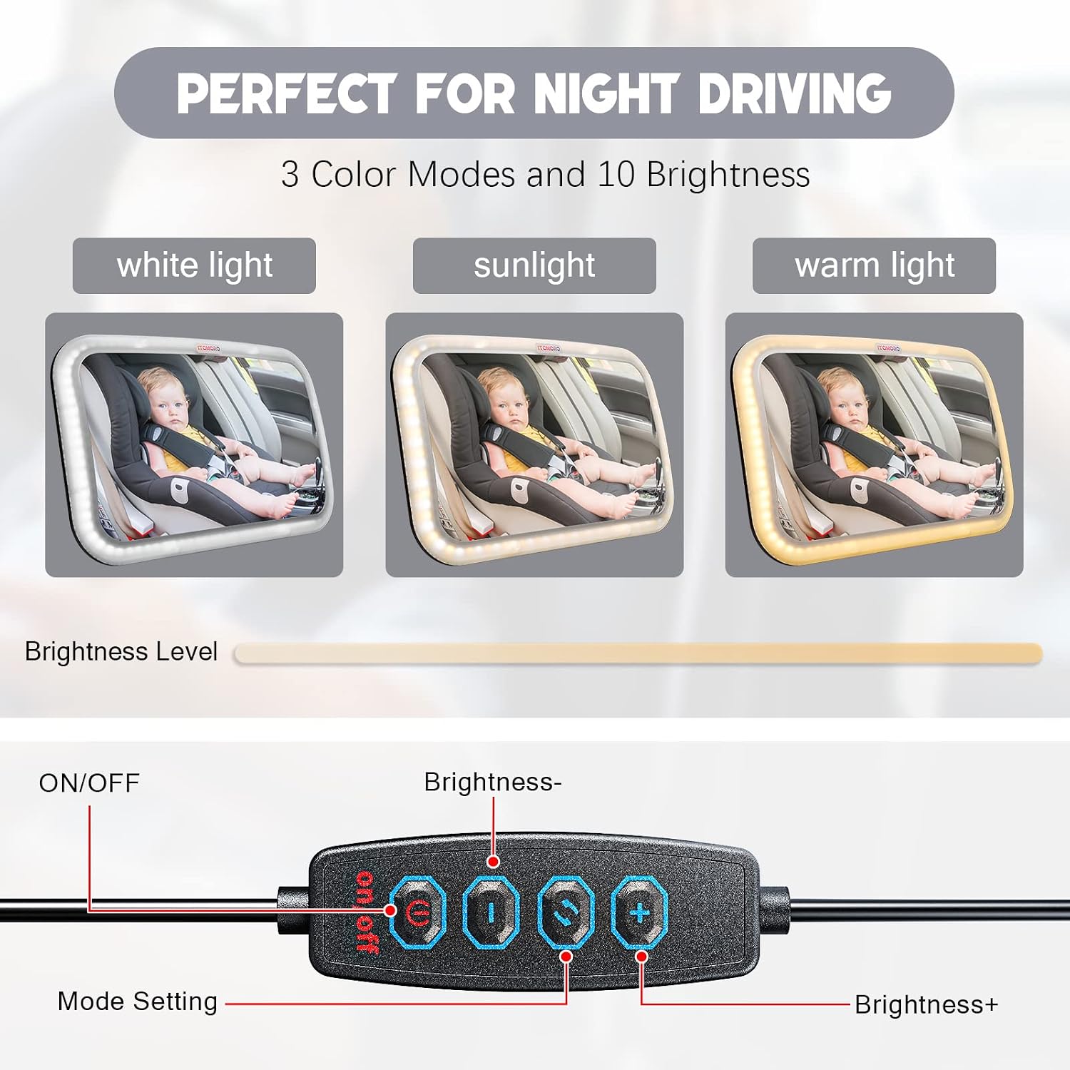 Itomoro Baby Car Mirror,Night Light Mirror with USB Remote Precision Control,Multi-level Brightness Adjustment,Wide Angle,Secure and Shatterproof