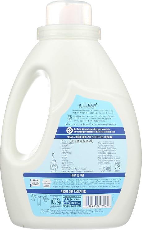 Seventh Generation Liquid Laundry Detergent Biodegradable Free & Clear Washing Detergent 50 oz