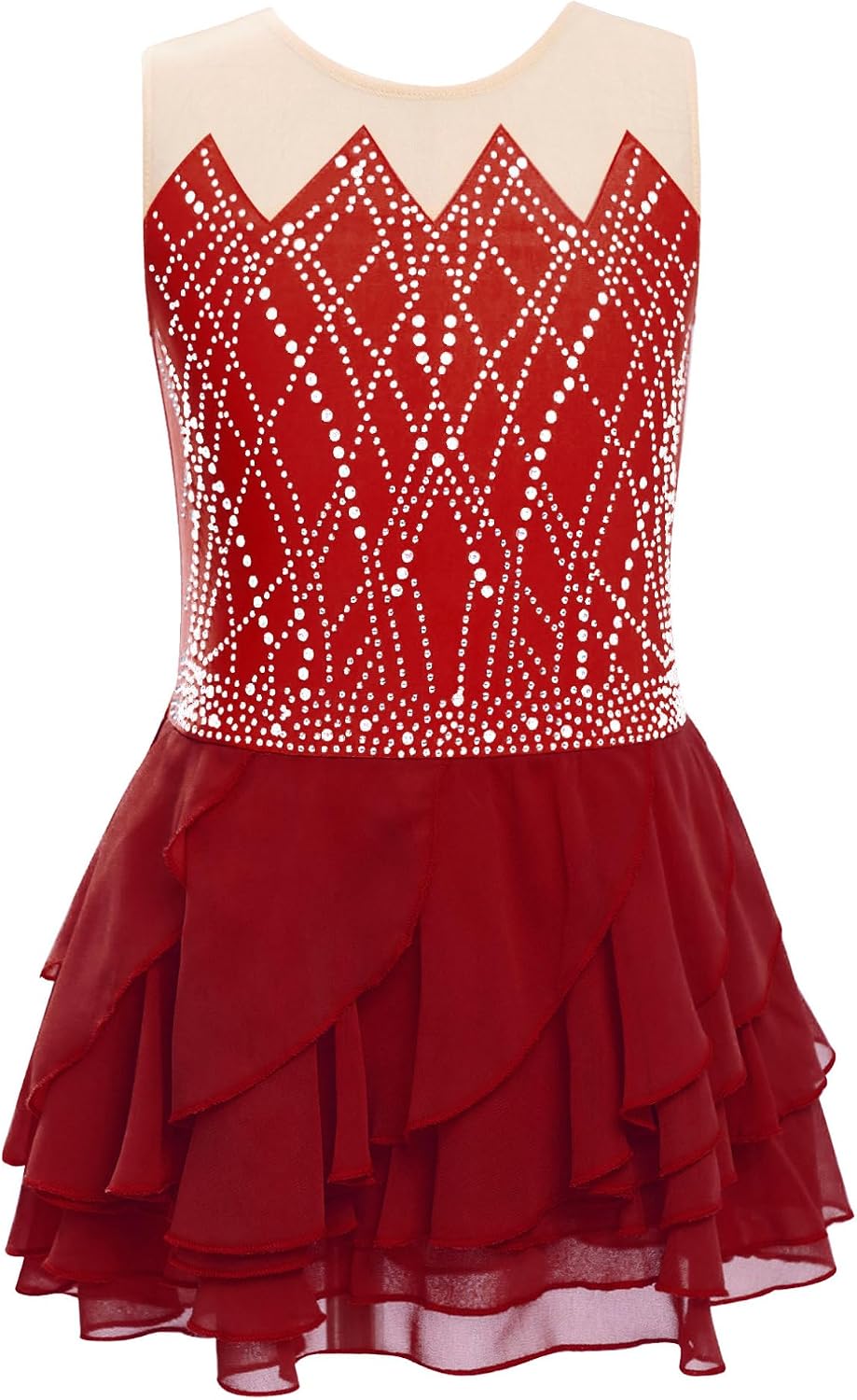 ranrann Kids Girls Figure Skating Dress Sleeveless Sparkly Leotard Mesh Skirt Dance Dress Performance Dancewear