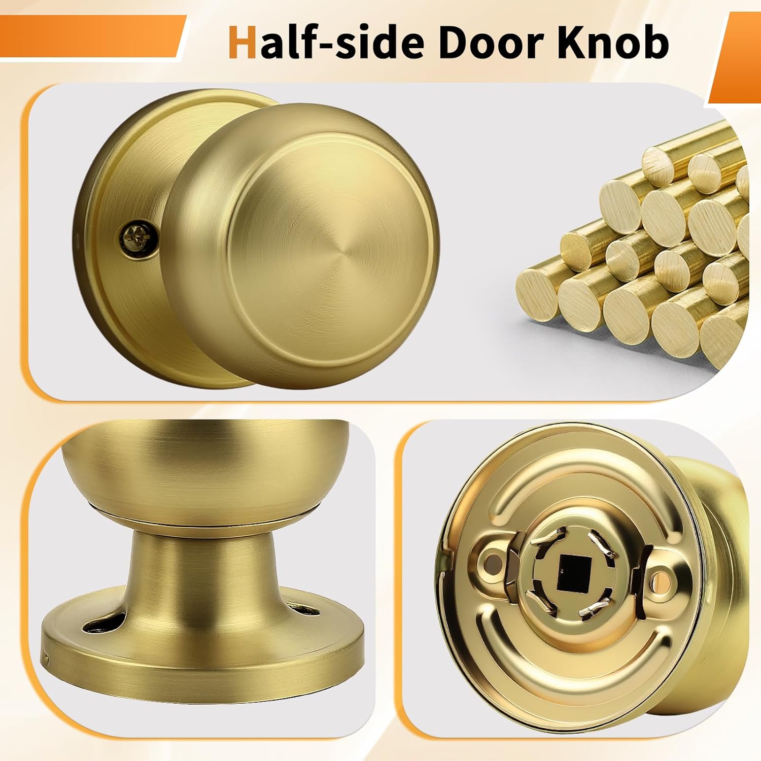 Probrico Brushed Brass Half Dummy Door Knobs, Round Non-Turning Inactive Gold Door Knob for Closet French Door, 2 Pack