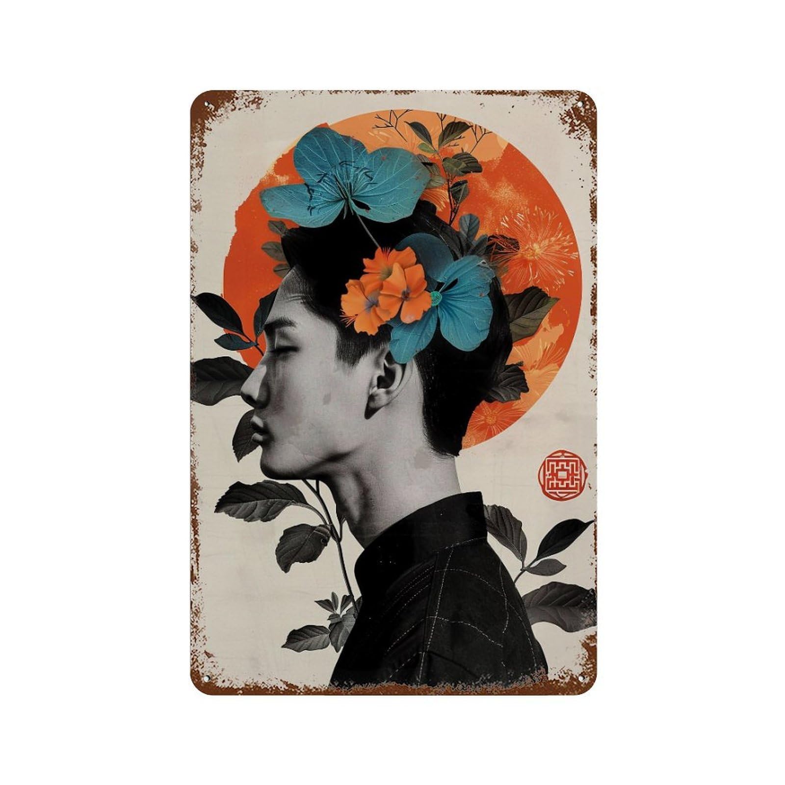 YHGERTKU Floral Surreal Portrait of A Young Man 02 Wall Art Retro Iron Vintage Metal Tin Sign Poster Modern Decor for Living Rooms Gift 30x20cm