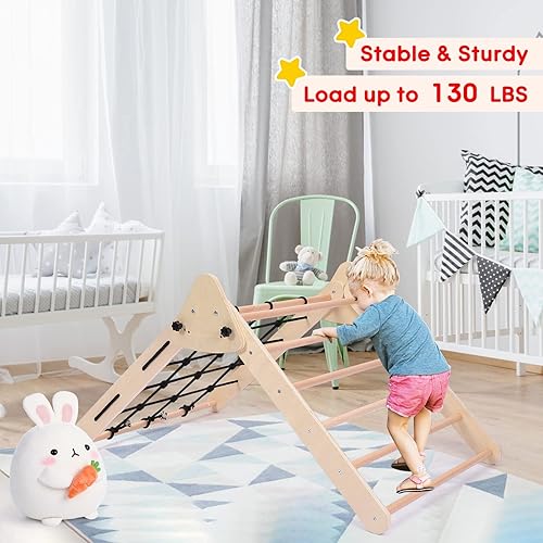 Miniatura 7 de ShiningLove Juego de gimnasio interior para niños, triángulo plegable de madera con rampa deslizante, parque infantil interior de madera con pared