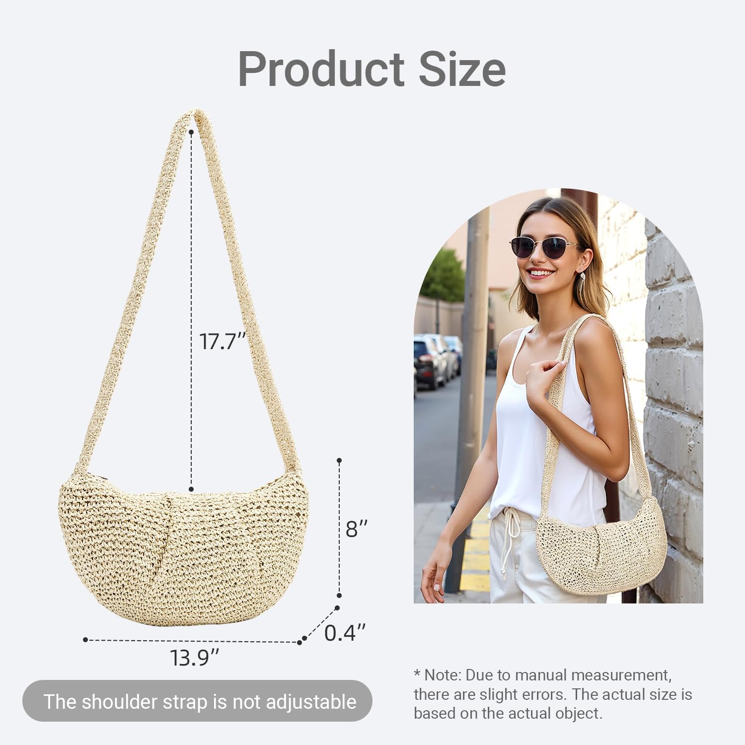 Herald Small Pleated Crescent Straw Woven Crossbody Bag for Women, Ruched Handmade Summer Beach Shoulder Purse Handbag - Image 5