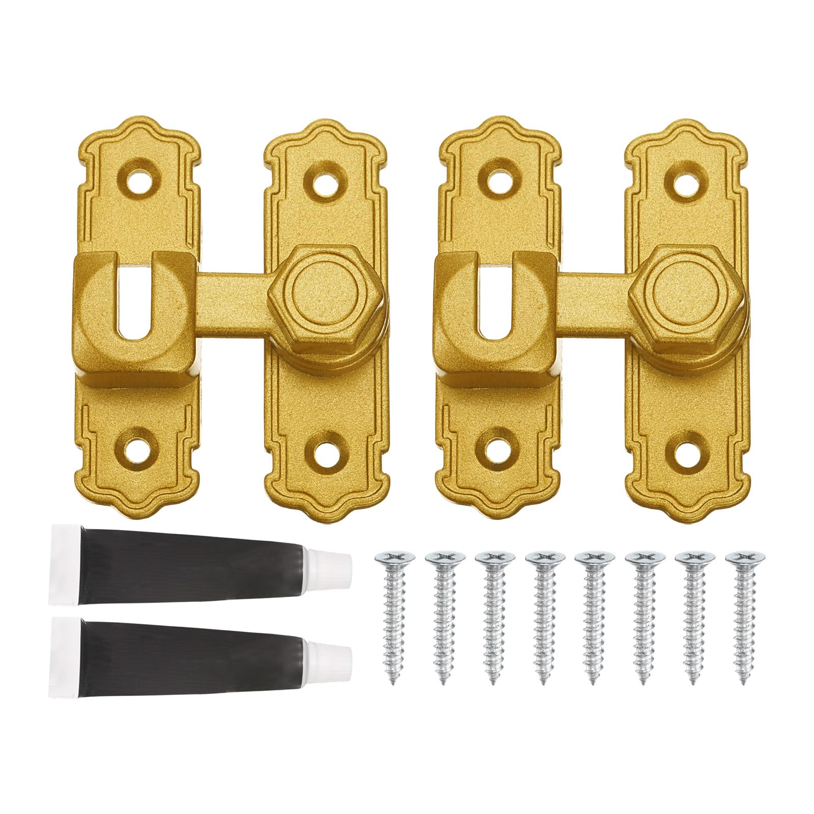 sourcing map 2Pcs 90/180 Degree Flip Gate Latches, Aluminum Alloy Flip Sliding Barn Door Latch with Screws & Glue, Heavy Door Lock for Barn Cabinet Wood Fence, Garage Window, Gold