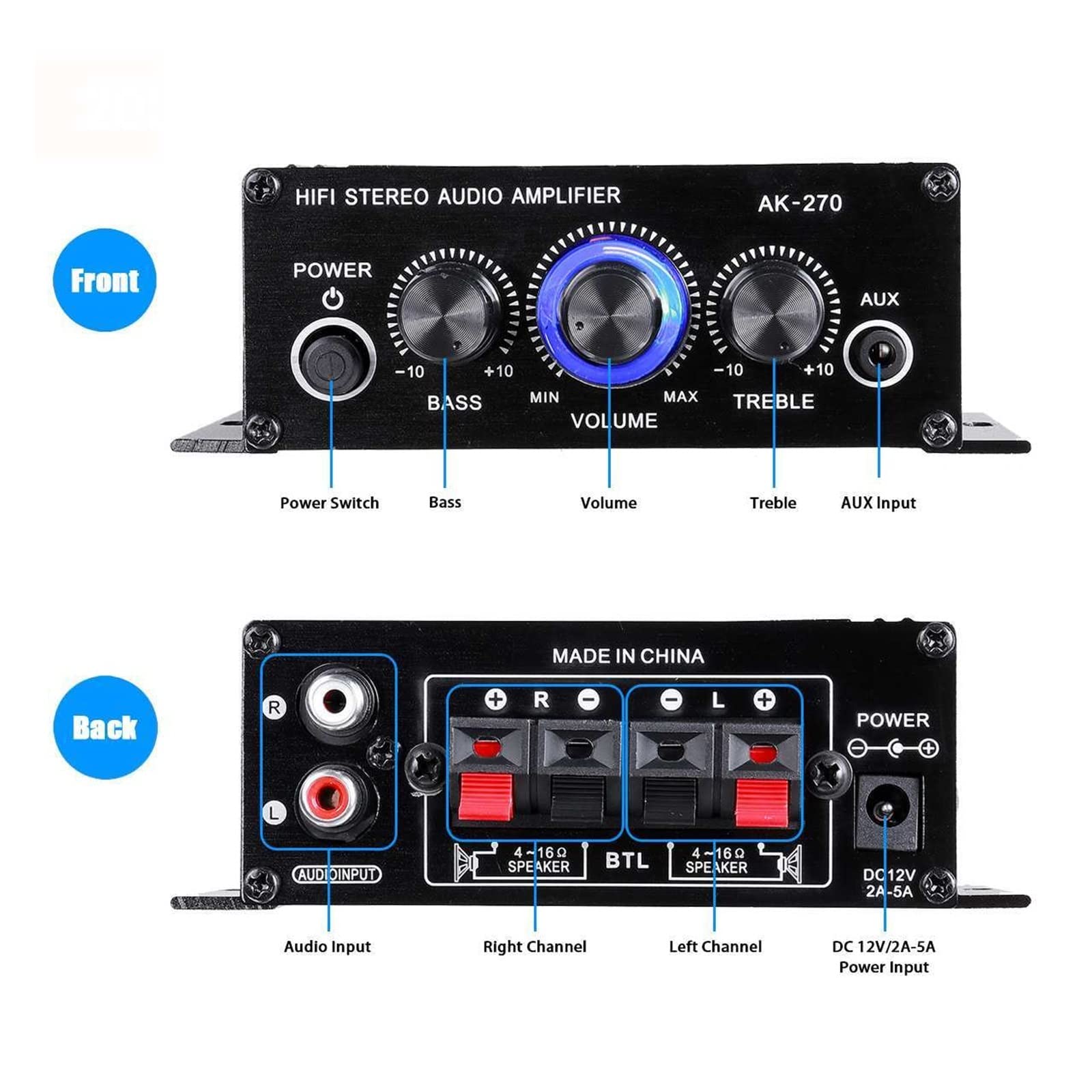 AK270 400 W 12 V wzmacniacz mocy HiFi Stereo Domowy Samochodowy basowy Odtwarzacz muzyczny Głośnik samochodowy Klasa D domowy dźwięku AUX,Szeroka kompatybilność(Amplifier adapter)