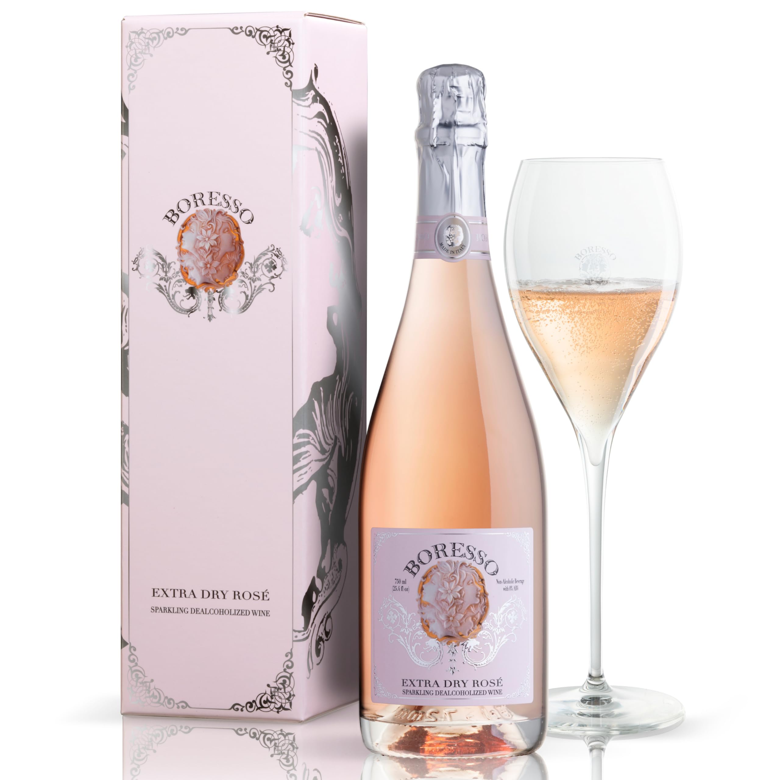 BORESSO Extra Dry 0.0% ABV Non-Alcoholic Sparkling Rosé Wine With Gift Box Alcohol-free Champagne Alternative Dealcoholized From Italy 750ml
