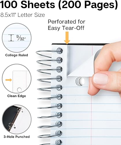 Miniatura 4 de Dunwell Cuaderno de espiral de 1 materia de 8.5 x 11 pulgadas, cubierta de plástico negro, 100 hojas, cuaderno de una materia con papel perforado,