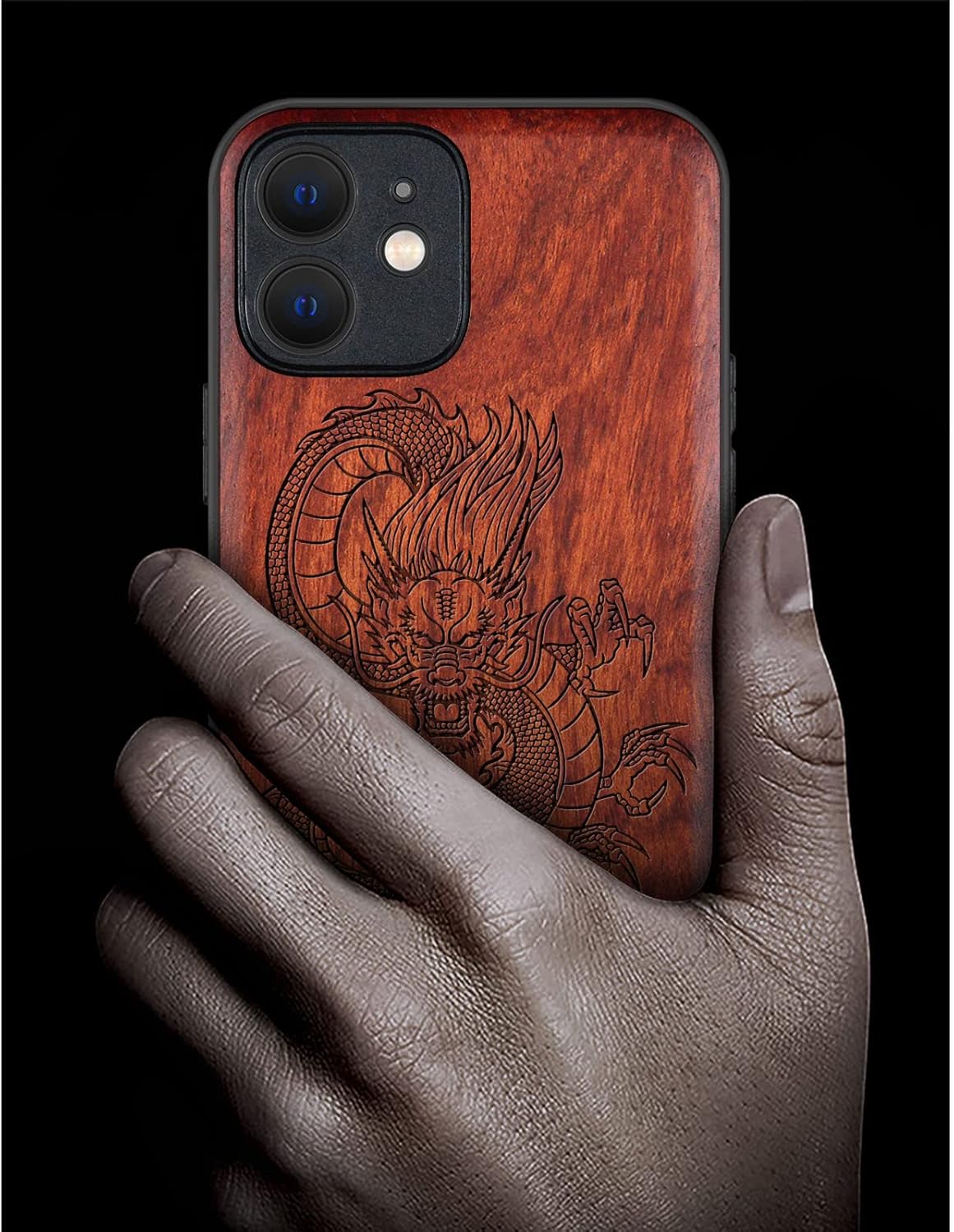 Carveit Magnetic Wood Case for iPhone 12 Mini Case [Hard Real Wood & Black Soft TPU] Shockproof Hybrid Protective Unique & Classy Wooden Cover Compatible with MagSafe (Chinese Dragon-Rosy)