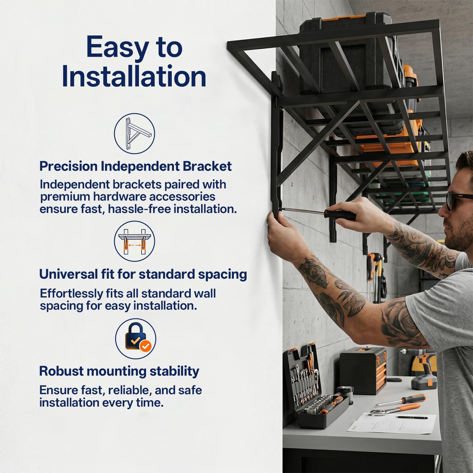 Noliven 4 Pack 2 x 3ft Garage Shelving Wall Mounted, 1600lbs Load Capacity, Adjustable PowerTool Organizer, Heavy Duty Storage Rack, Ideal for Warehouse, Garage, Black - 5