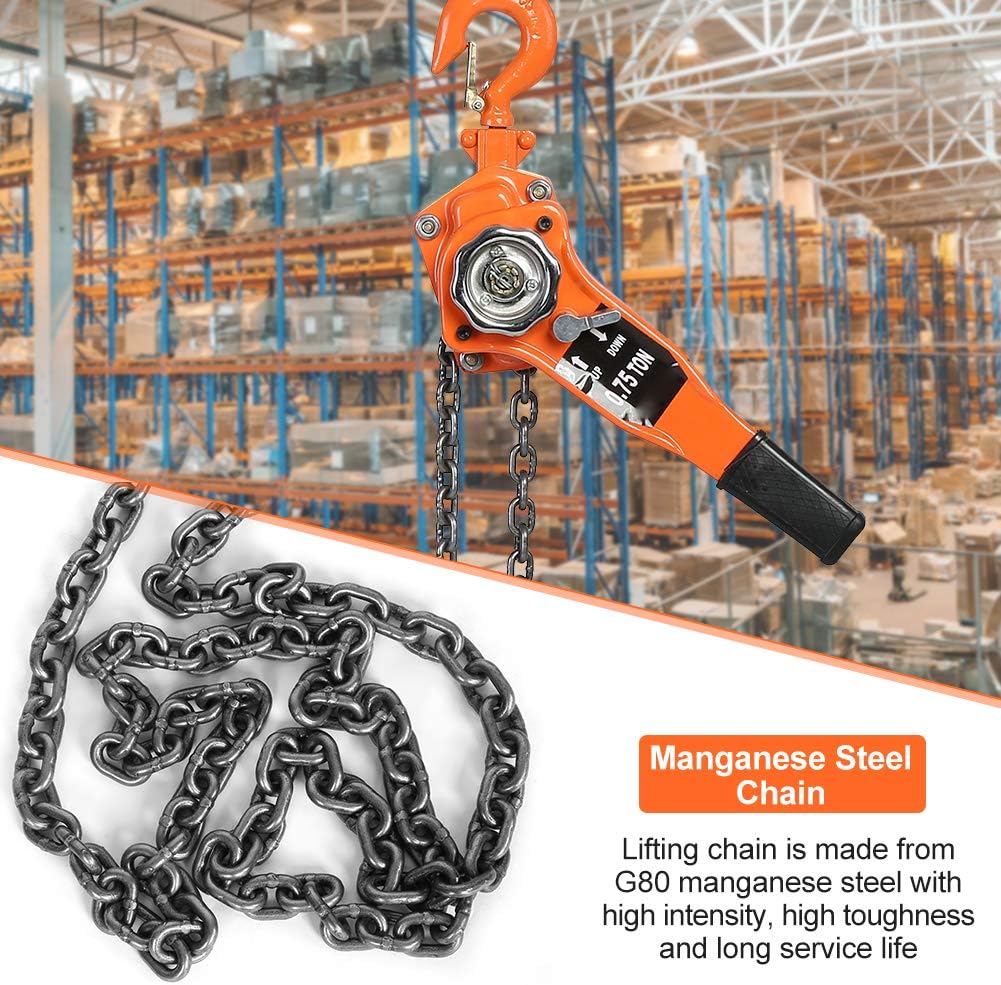 Manual Lever Hoist Chain 10FT 3/4 Ton 1650lbs Chain Come Along Block Hoist Ratchet Chain Puller Lifting Equipment for Heavy Duty Lifting