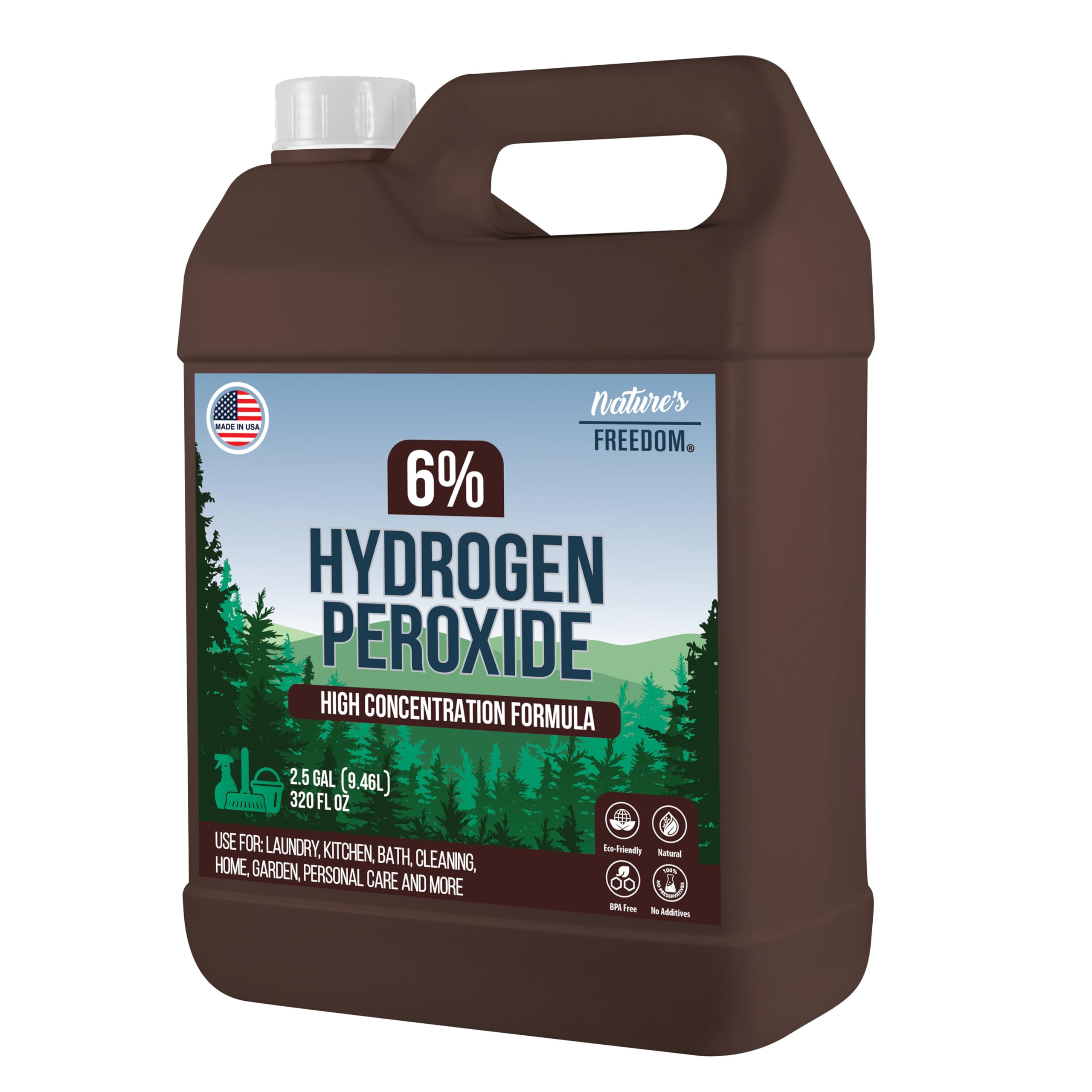 Nature's Freedom Hydrogen Peroxide 6% Concentrate, H2O2 and Purified Water Only, 2.5 Gallons