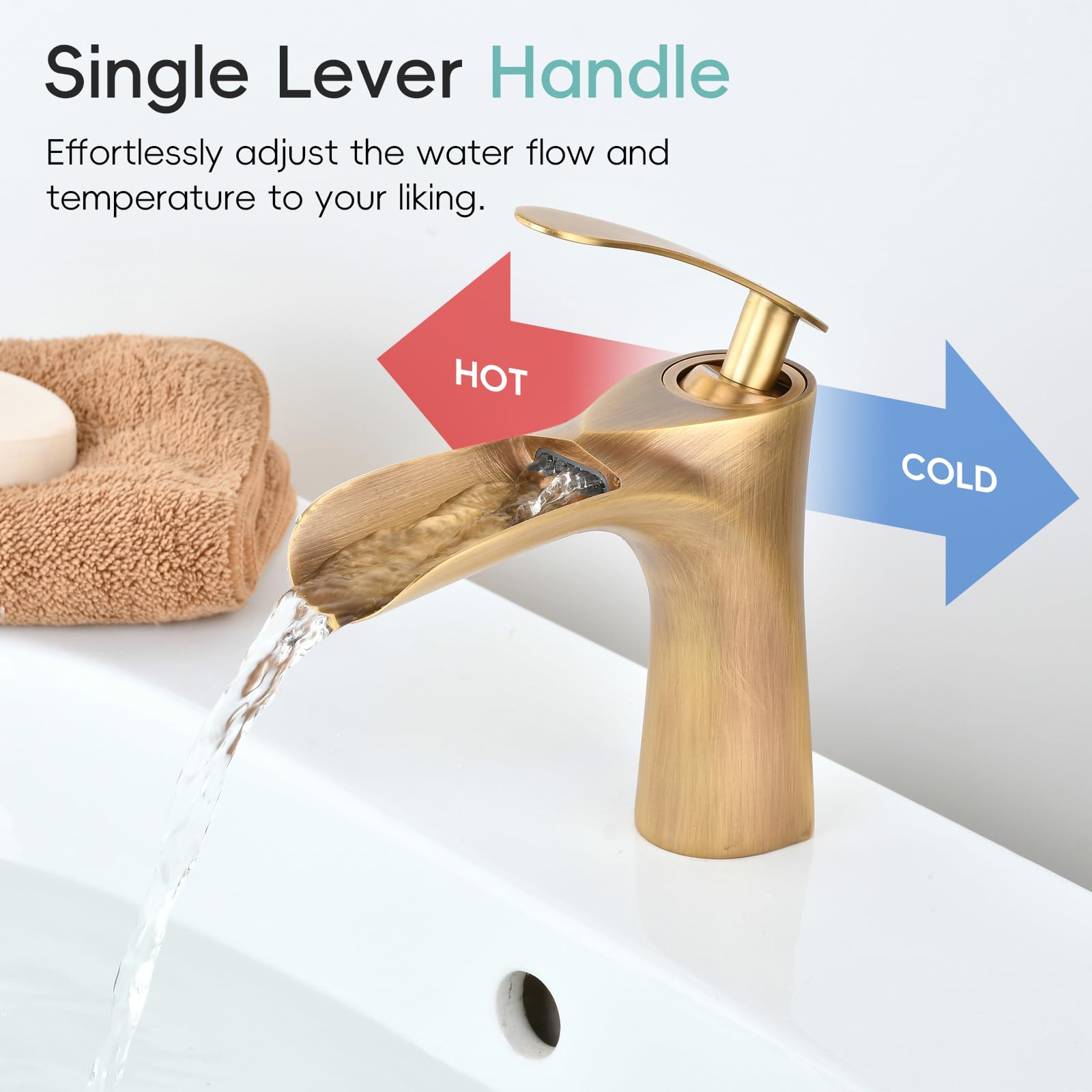 Waschbecken im Badezimmer,Antike Messingfarbe,Wasserfall Wasserhahn,Wasserhahn Klein,1 Loch Eingriff,Heißes und Kaltes Wasser Mischen,LK1004SG
