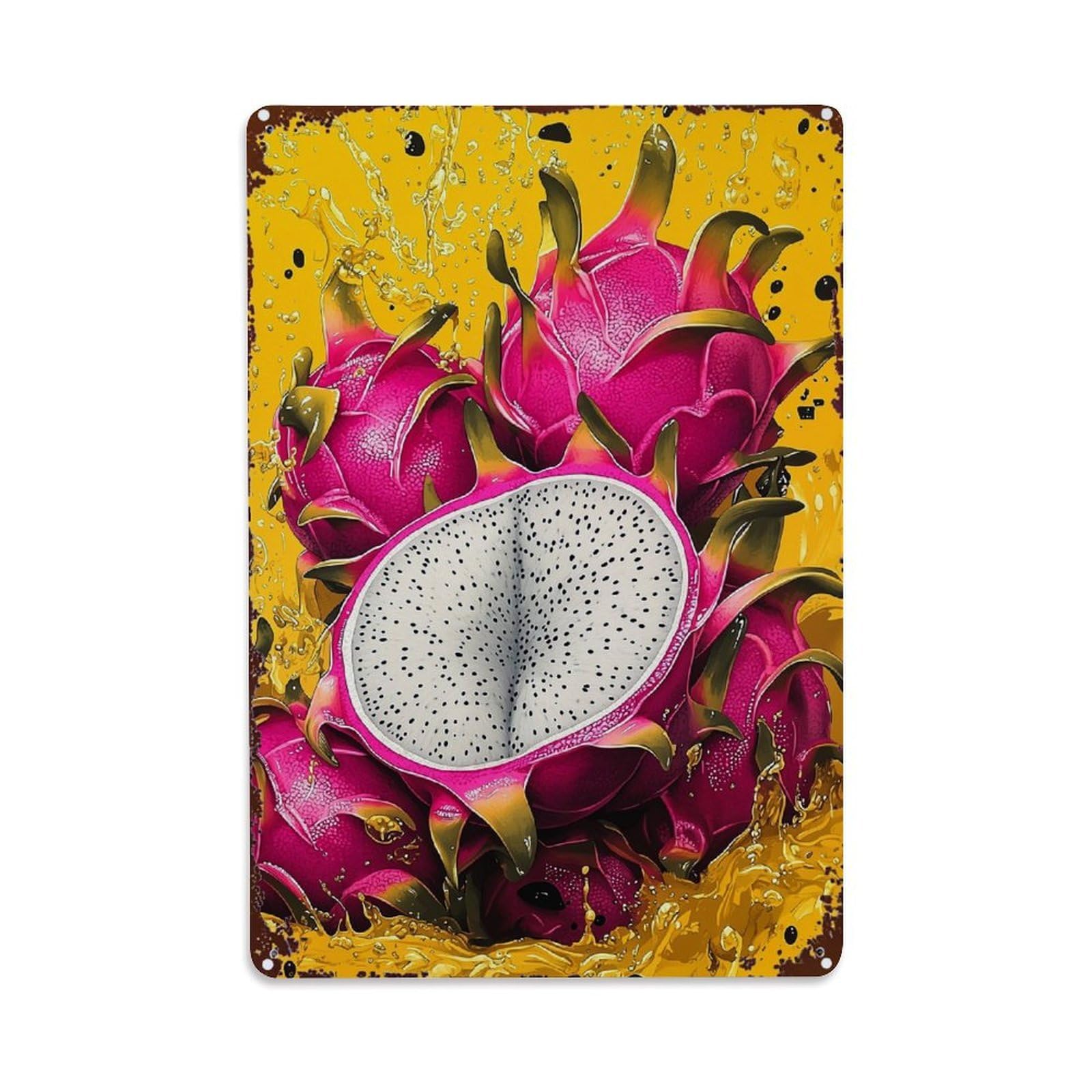 Jdfenggu Vintage Vibrant Dragon Fruit Splash Art Retro Metal Tin Sign, Metal Poster For Bar, Home, Man Cave, Kitchen, Laundry Room Art Decor 8X12 Inch