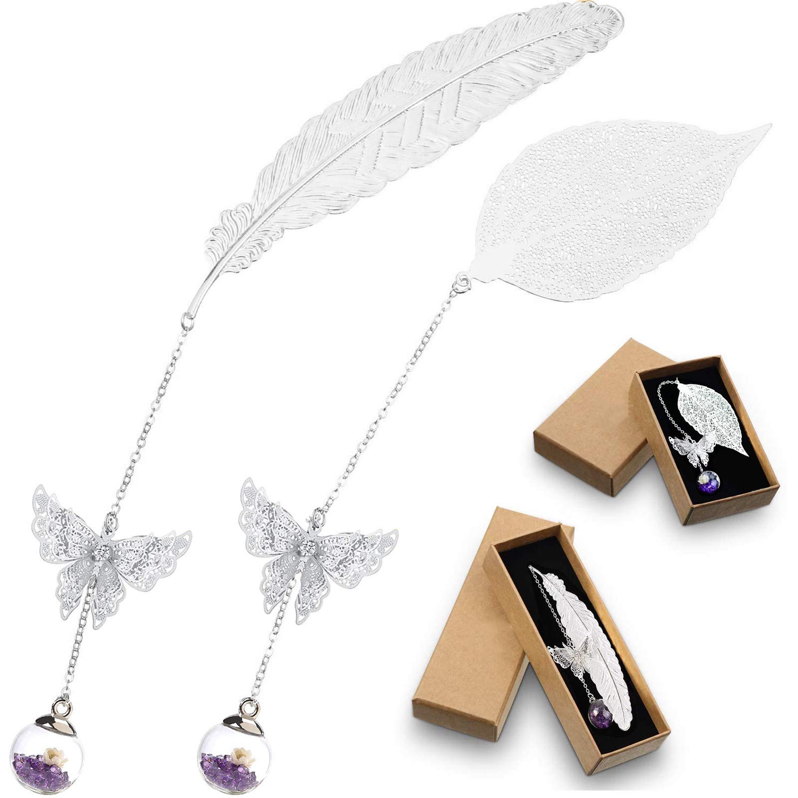 2PCS Marcadores Clásicos, Marcapáginas de Hojas de Plumas de Metal con Mariposa 3D y Colgante de Flor Seca Eterna de Cuentas de Vidrio, Regalo para Profesora Lectores Mujeres y Niños
