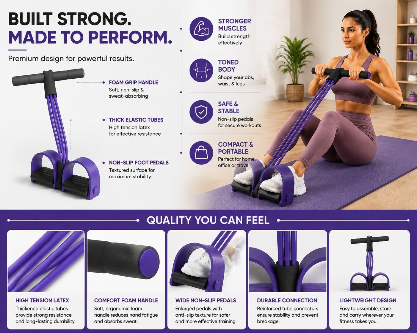 Pedal Resistance Bands with Handles, 6-Tube Exercise Resistance Bands with Foot Pedals, Natural Rubber Workout Bands for Arms, Legs, Abs, Waist, Pilates & Full Body Home Workouts