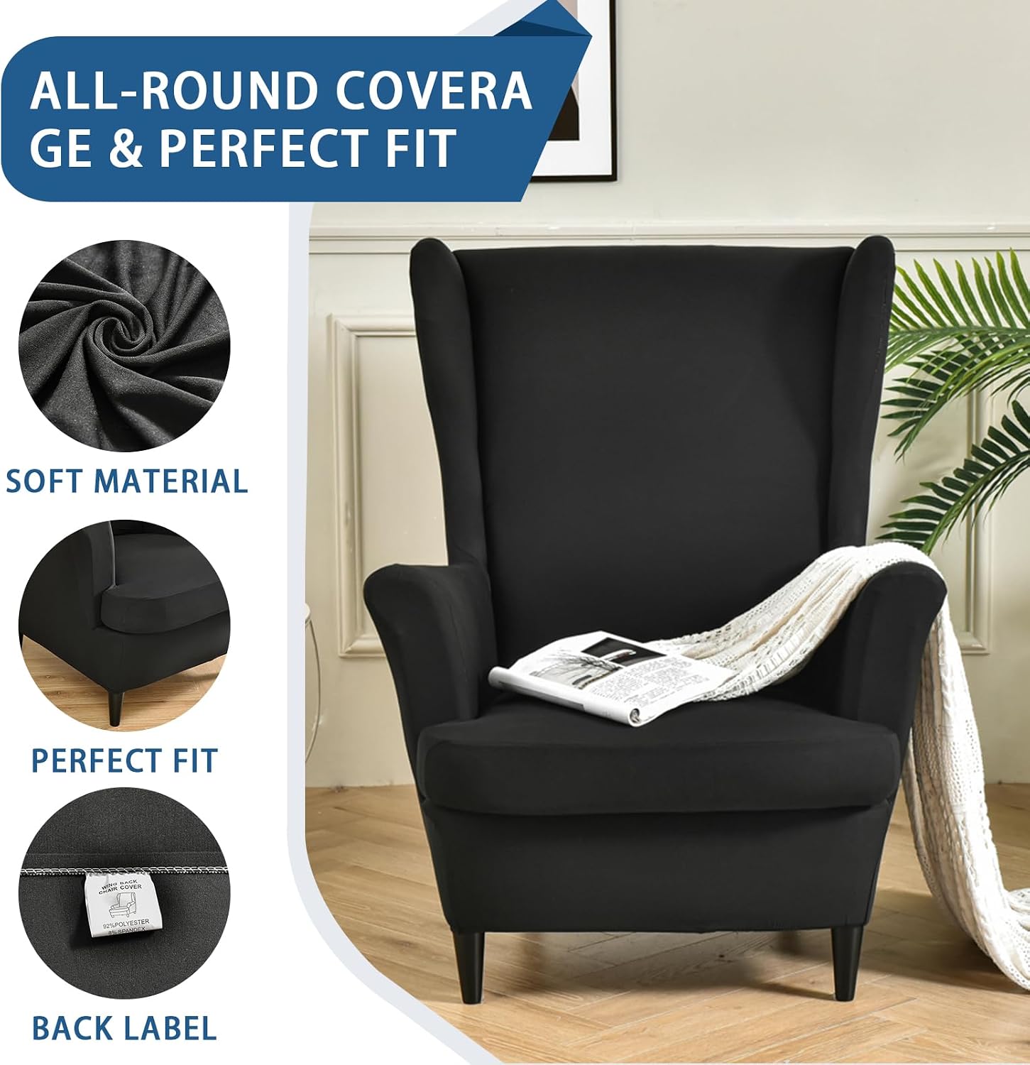 Wingback Chair Slipcover 2 Piece Stretch Armchair Cover Furniture Protector Washable Spandex Wing Back Chair Covers for Living Room