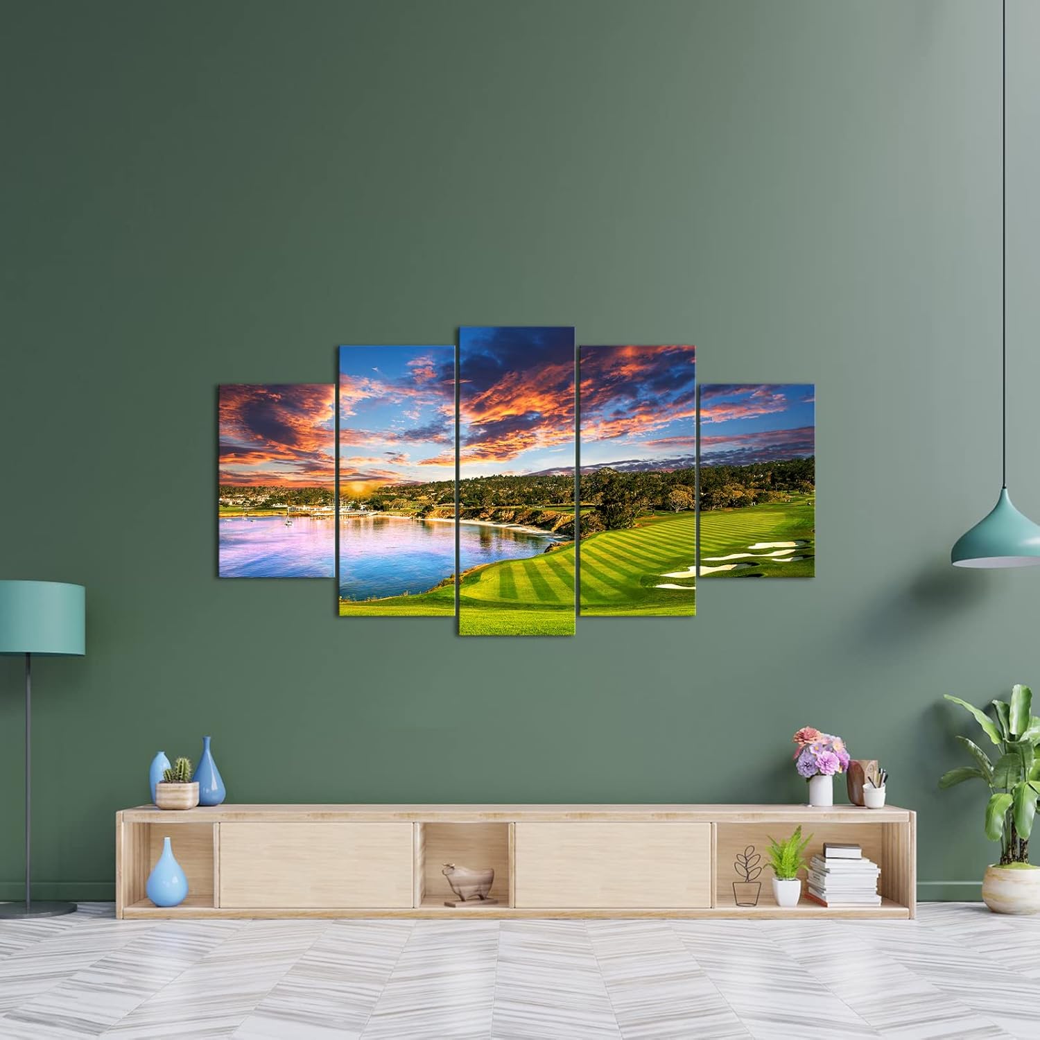 RyounoArt 5 Piece Golf Canvas Wall Art California Golf Course Sunset Pictures Painting for Living Room Bedroom Office Wall Decor Modern Artwork Ready to Hang - Image 3