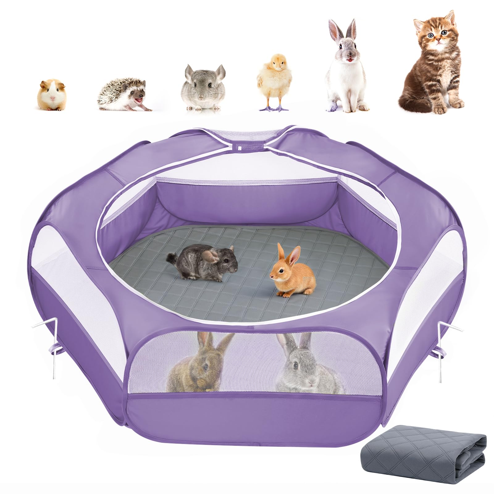 2-in-1 Small Animals Playpen with Pad, Waterproof Small Pet Cage Tent with Reusable Pad, Portable Outdoor Yard Fence with 3 Metal Rod for Chick/Kitten