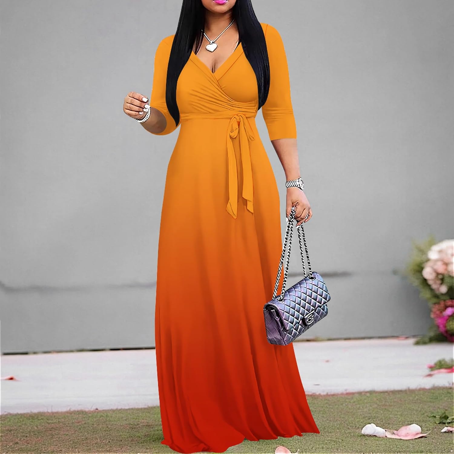 PINKPATTY Women's Plus Size Maxi Dresses Casual Flowy 3/4 Sleeves Dress Printed Vacation Dress for Daily Wear with Belt - Image 3