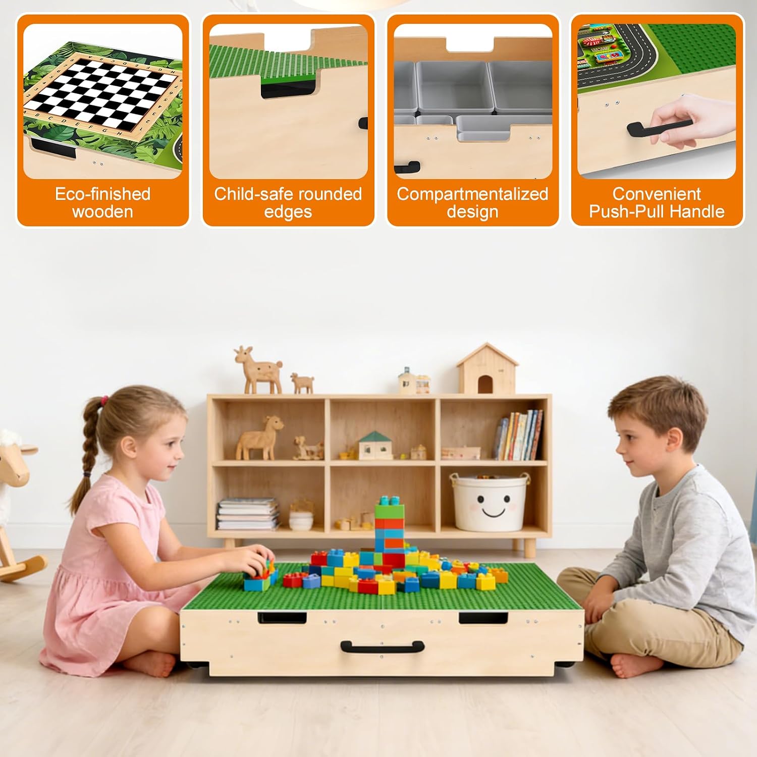 Kids Activity Table with Storage Organizers Compatible with Lego Building Block,3 in1 Construction+Train+Chess Toddler Play Table with Wheels Foldable Tables Legs for Under Bed or Sofa Storage,Natural