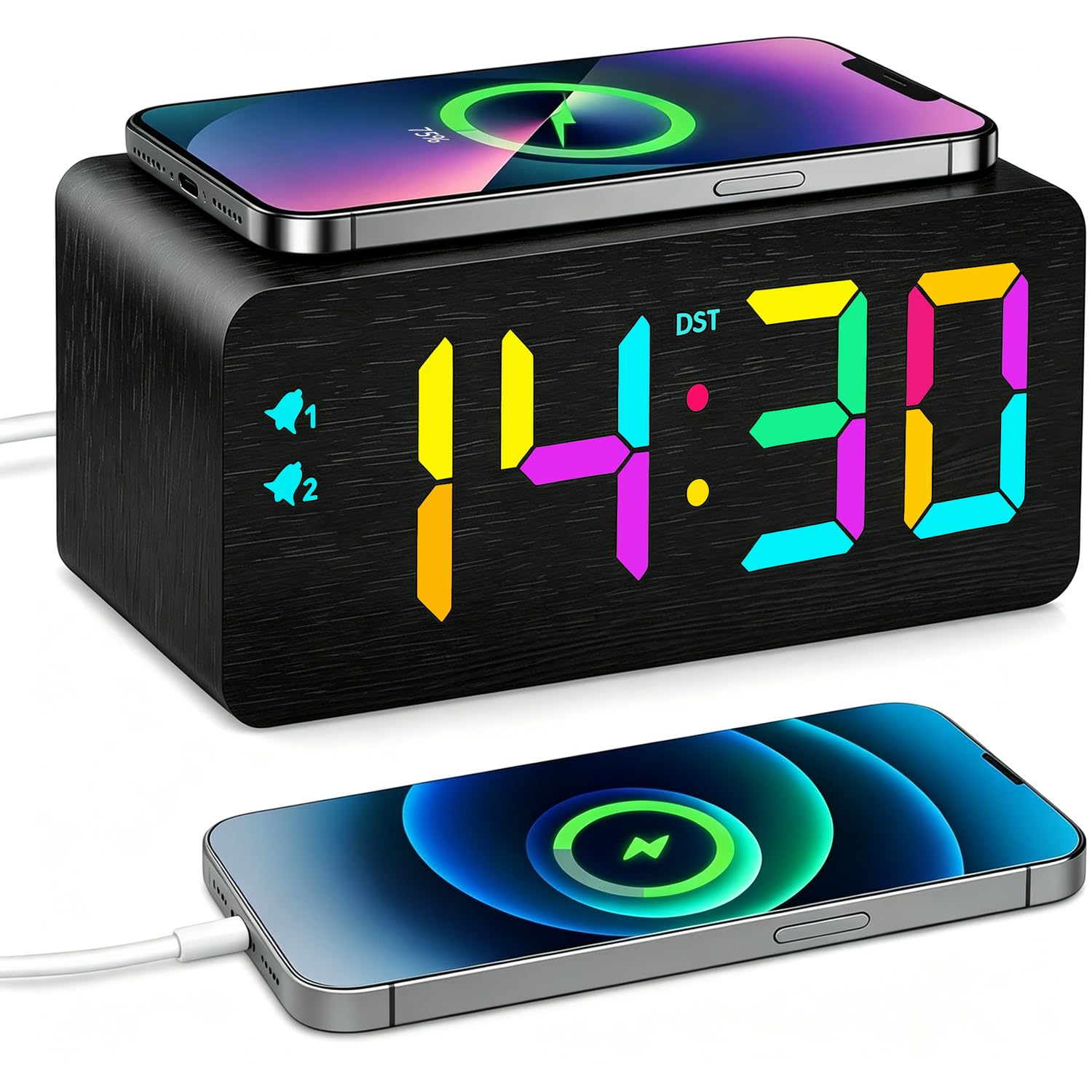Réveil numérique en bois URAYCO LED RVB avec chargeur sans fil rapide DST pour table de chevet