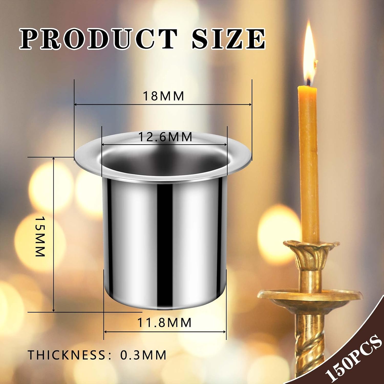 Sliner 150 Pcs Hanukkah Metal Candle Holders Aluminum Candle Holders Bulk Metal, 0.59 x 0.46 Inch Candle Holder Metal Candle Inserts to Prevents Wax Dripping for Lamp Candle Making Projects, Silver