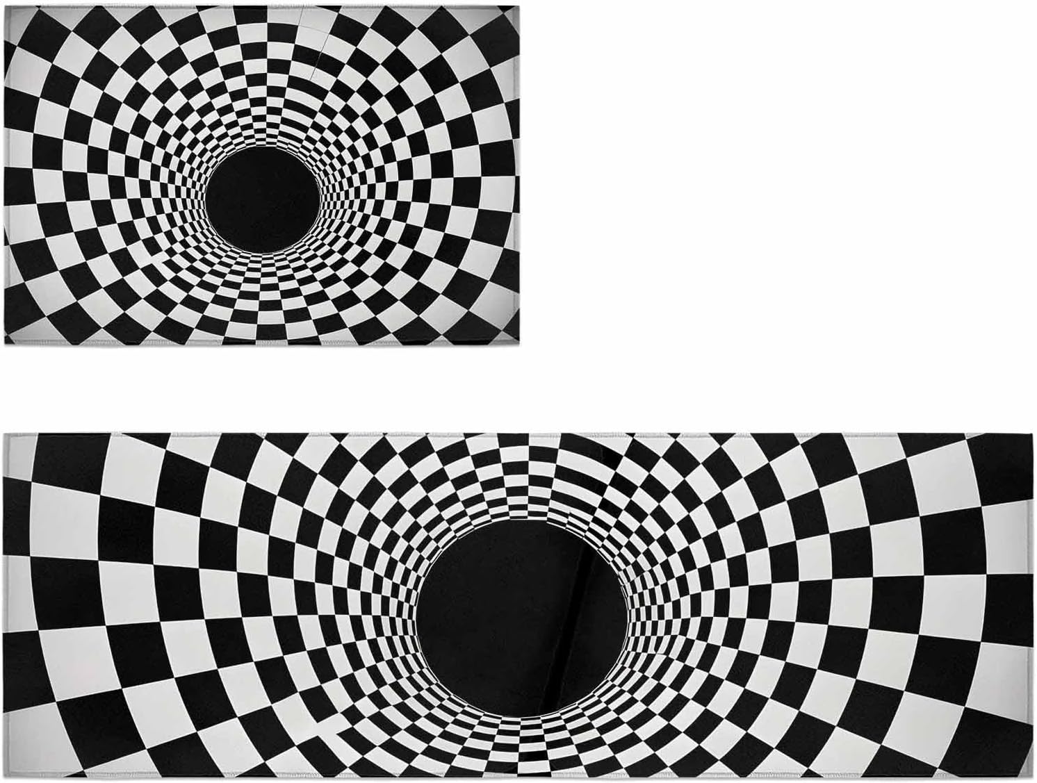 Kitchen Mats for Floor 3D Vortex Tunnel Washable Non Slip Kitchen Rugs 2PCS, Black White Optical Illusion Background Absorbent Standing Mats for Sink Office Living Room 15.7x23.6in+15.7x47.2in