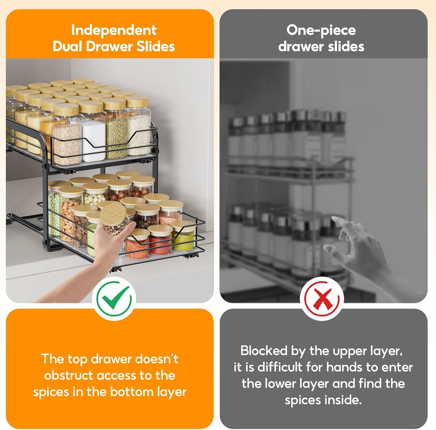 Spice Rack Organizer for Cabinet, 2 Tier Vertical Pull Out Spice Rack – Heavy Duty Metal Spice Organization for Cabinet, 40-Jar Capacity, Height Adjustable Cabinet Organizer (9"W×10.5"D×9"H, Black)