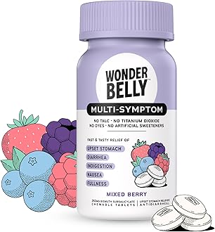 Wonderbelly Multi-Symptom Medicine, Anti-Diarrhea & Upset Stomach Relief with Bismuth Subsalicylate, Mixed Berry, 48 Chewable Tablets