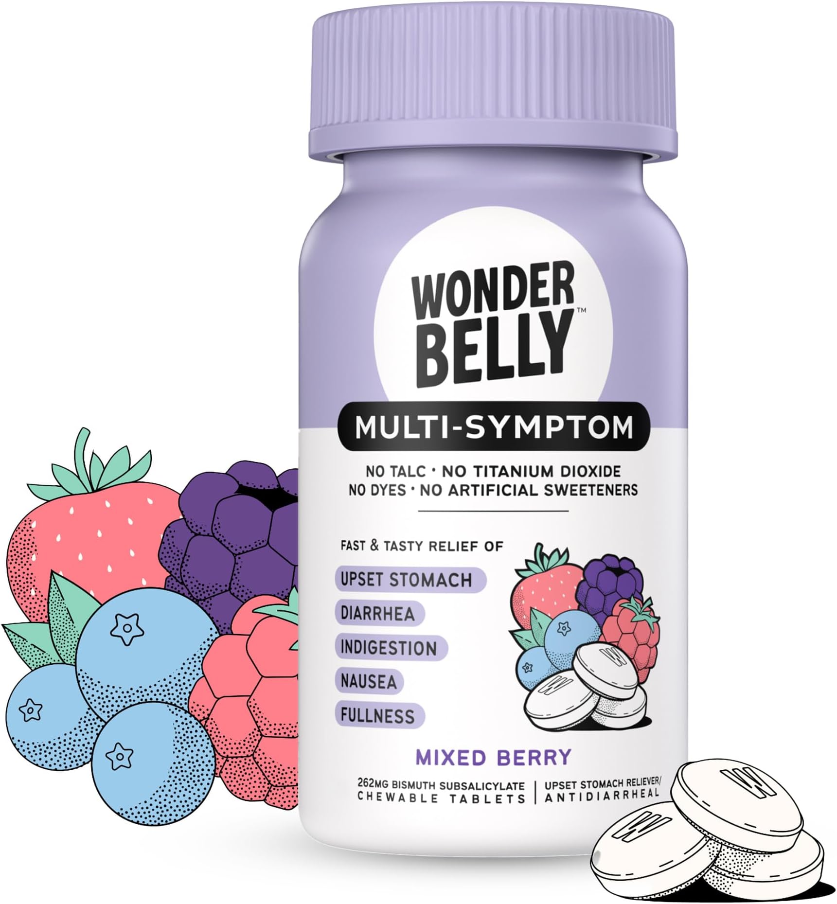 Wonderbelly Multi-Symptom Medicine, Anti-Diarrhea & Upset Stomach Relief with Bismuth Subsalicylate, Mixed Berry, 48 Chewable Tablets