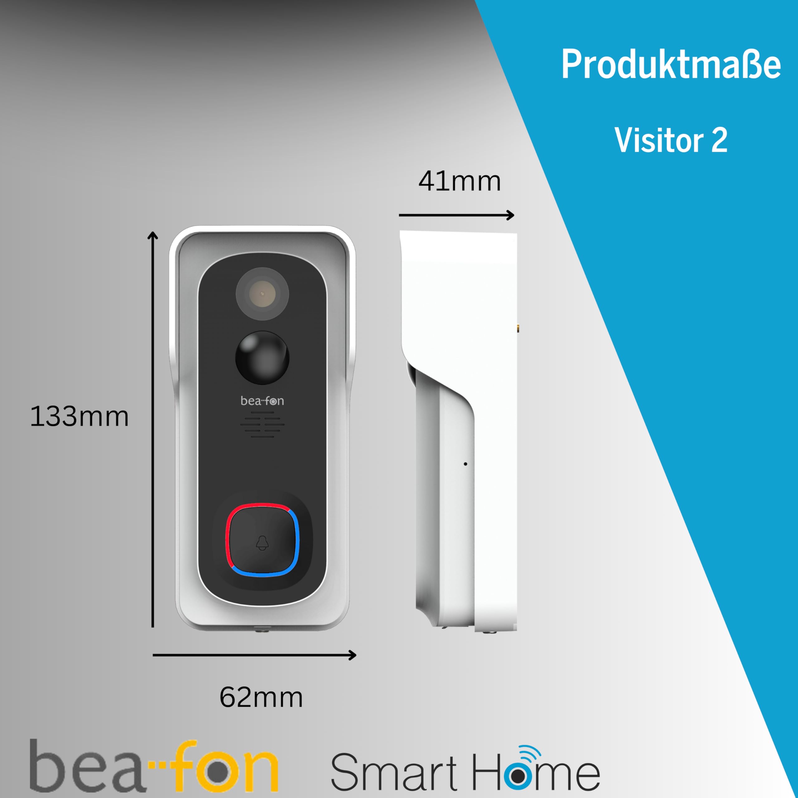 Beafon, Smart Home, Visitor 2V, Outdoor Videotürklingel mit Glocke und Winkel, Türklingel kabellos, Kamera Full HD 3 MP, 2,4G WiFi, Schutzklasse IP 54, autom. Alarmauslöser, Echtzeitvideos,