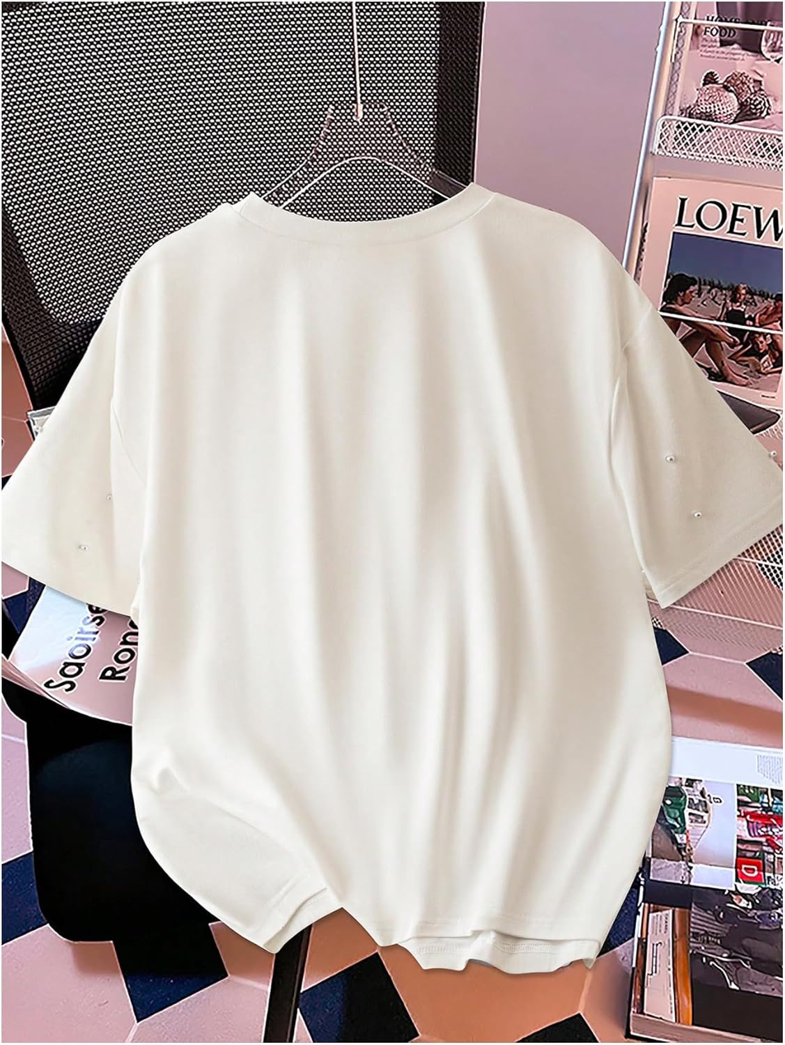 SweatyRocks Women's Short Sleeve Round Neck Pearl Beaded T Shirts Casual Summer Loose Tees Top - Image 2