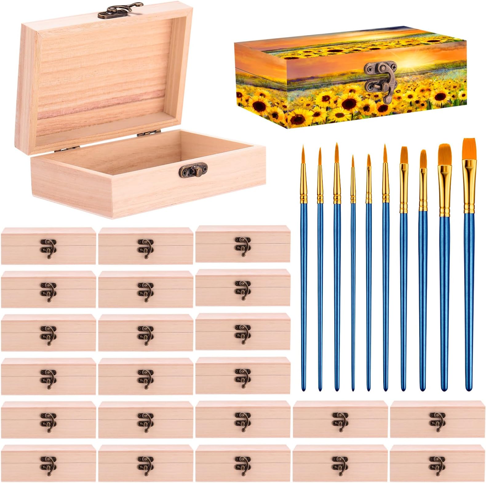 Barydat 24 Pack Unfinished Wooden Boxes for Crafts 6 x 4 x 2, Small Keepsake Box, Wood Box with 10 Paintbrushes and Hinged Lid Treasure Chest Wood Boxes for DIY Crafts Jewelry Birthday Party Favor