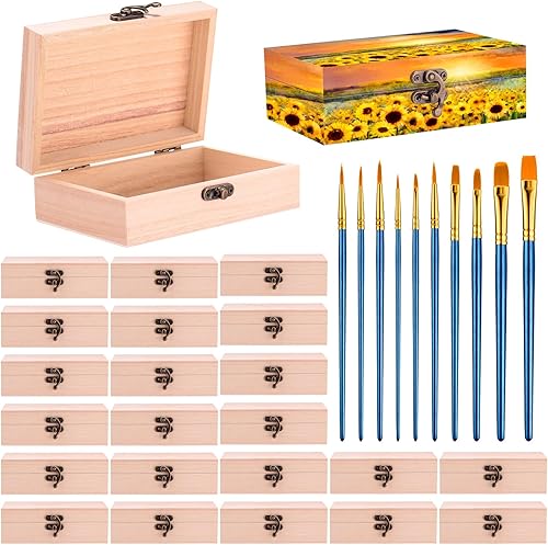 Barydat 24 cajas de madera sin terminar de 5.9 x 4 x 2 con 10 pinceles de madera, mini cajas de madera para manualidades, caja de almacenamiento de