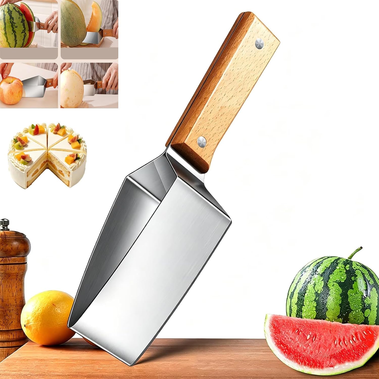 Triangle Watermelon Cutter, Stainless Steel Watermelon Slicer, Stainless Steel with Wooden Handle for A Wide Variety Watermelon, Cantaloupe, Honeydew, Apples, and More