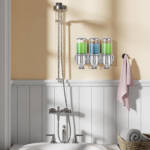 Miniatura 2 de Dispensador de champú y acondicionador, dispensador de jabón de ducha de 3 cámaras de 50.7 fl oz con ventana transparente, instalación sin taladrar