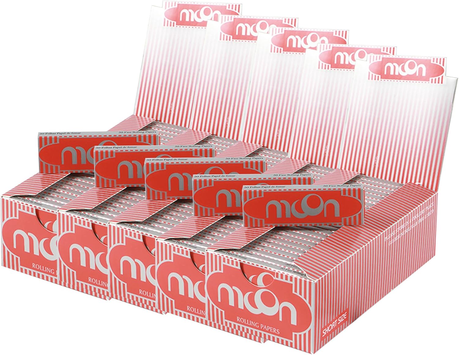 MOON Cigarette Tobacco Rolling Paper,Regular Short Size 70 * 36mm Wood Rolling Paper,5x50 Booklets, 1 book =50 Sheets 12500 Leaves Total,Classic Red