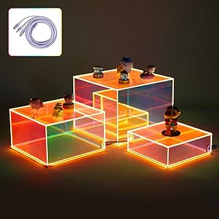 3Pcs Iridescent Acrylic Display Risers with LED light, Acrylic Cube Box Rainbow Display Stand with Hollow Bottoms for Figures Dessert Jewelry Perfume Handbag