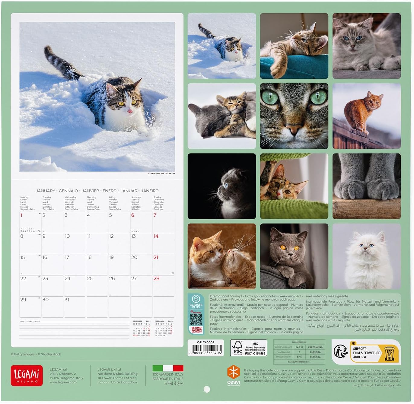 Legami - 2024 Wall Calendar, 12 Months and Yearly Planner, Space for Notes and Notes, Week Number, 6 Languages, Zodiac Signs and International Holidays, Single Cellophane, 30 x 29 cm