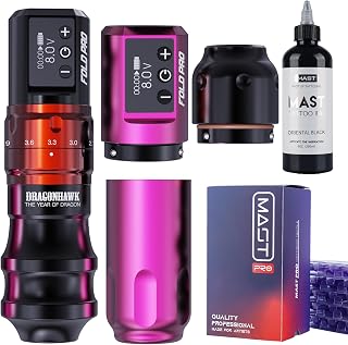 Mast Fold Pro Year of Dragon Edition Tattoo Gun Pen Machine 2 Batteries 50 Cartridges Needles 8oz Triple Black Ink
