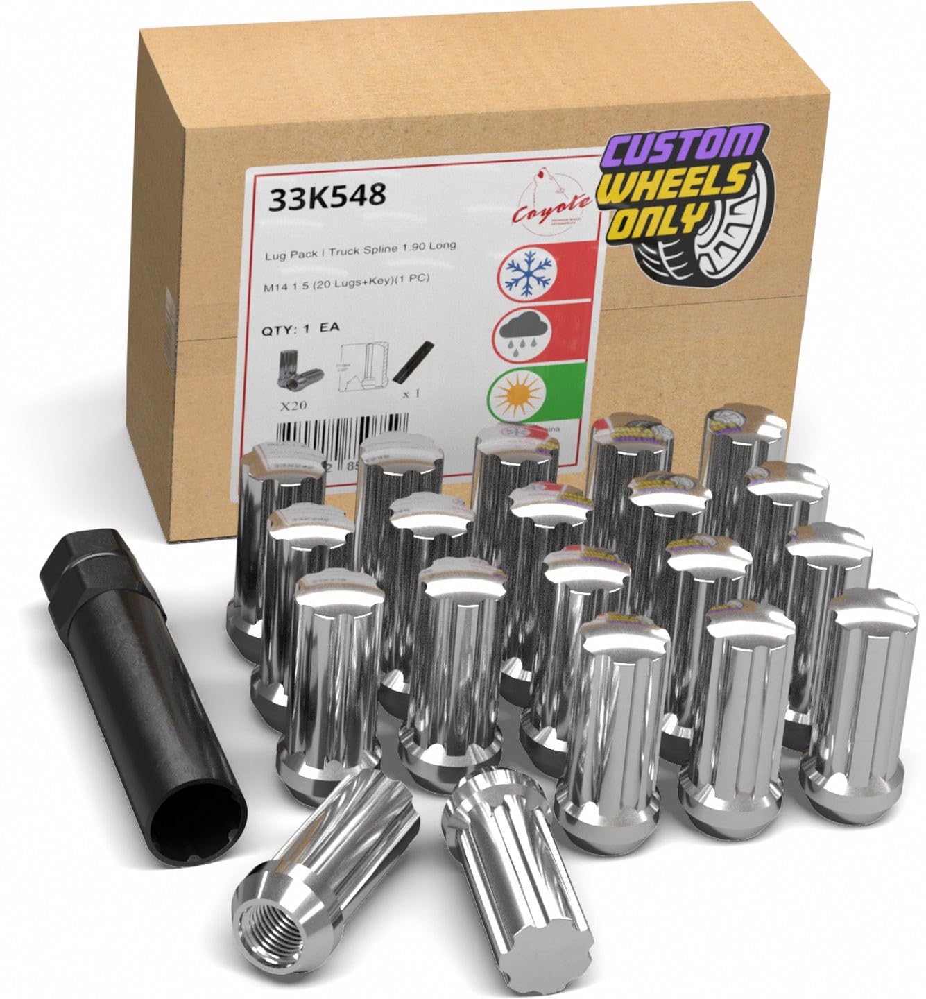 Wheel Accessories Parts 20 Pcs M14x1.5 14x1.5 Thread Truck 2.00" Long Spline Lug Nuts Chrome 7 Spline Hex Fits 88-99 Chevy C1500 ｜ GMC 1500 ｜ RAM 2012-18 1500 ｜ 2019+ 1500 Classic