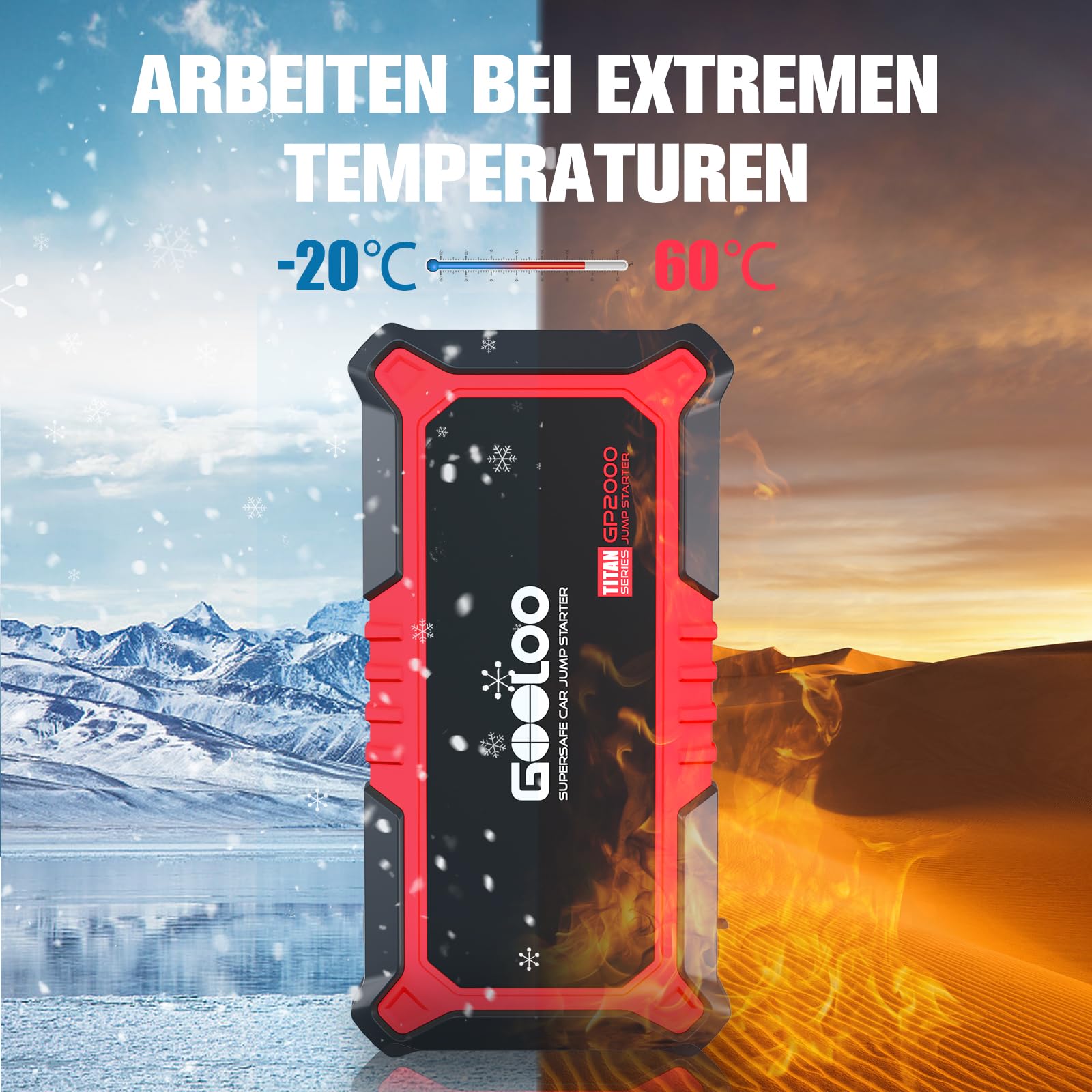 GOOLOO GP2000 Starthilfe Powerbank für Pkw, 2000A Supersafe Auto Starthilfe Powerbank für 12V (Bis zu 8.0L Benzin & 6.0L Diesel), Booster Autobatterie mit USB-Schnellladung, Starthilfekabel und LED