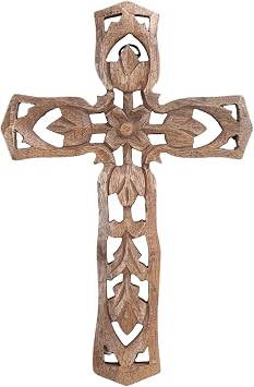 EDZZEL Hand-Carved Wooden Wall Cross - Intricate Floral and Leaf Design, Natural Brown Finish, Rustic Hanging Decor