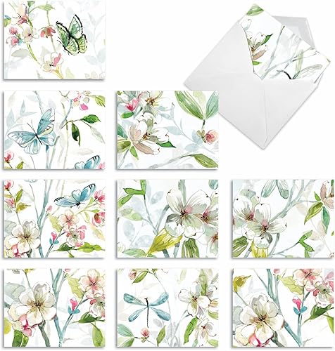 The Best Card Company 10 tarjetas en fondo blanco con flores, en caja (4 x 5.12 pulgadas) Juego de tarjetas florales surtidas