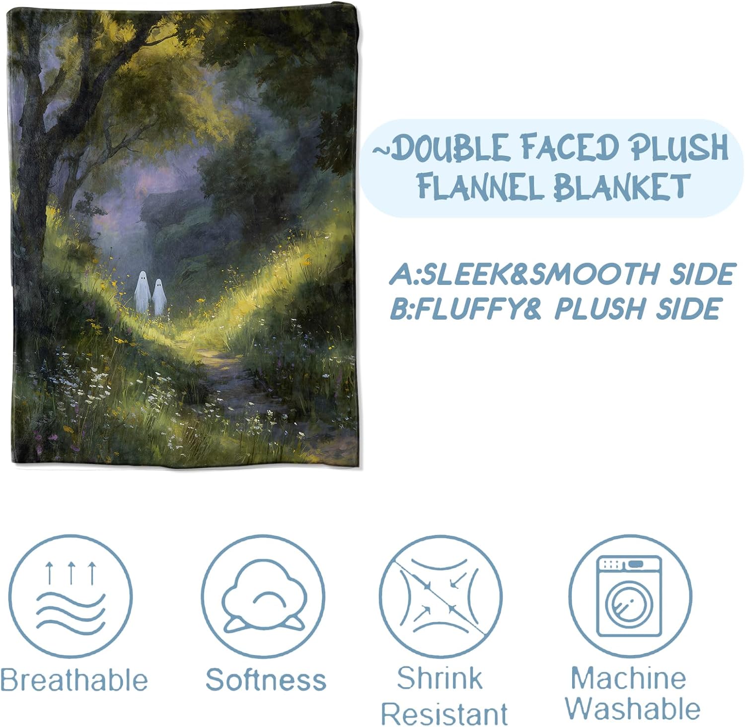 Cute Ghost Blanket, Gifts for Fantasy and Holiday Lovers, Lightweight Flannel Throw Blankets, Whimsical Forest Path with Gothic Throws Home Decor, for Couch Living Room Office, 60x50inch - Image 3