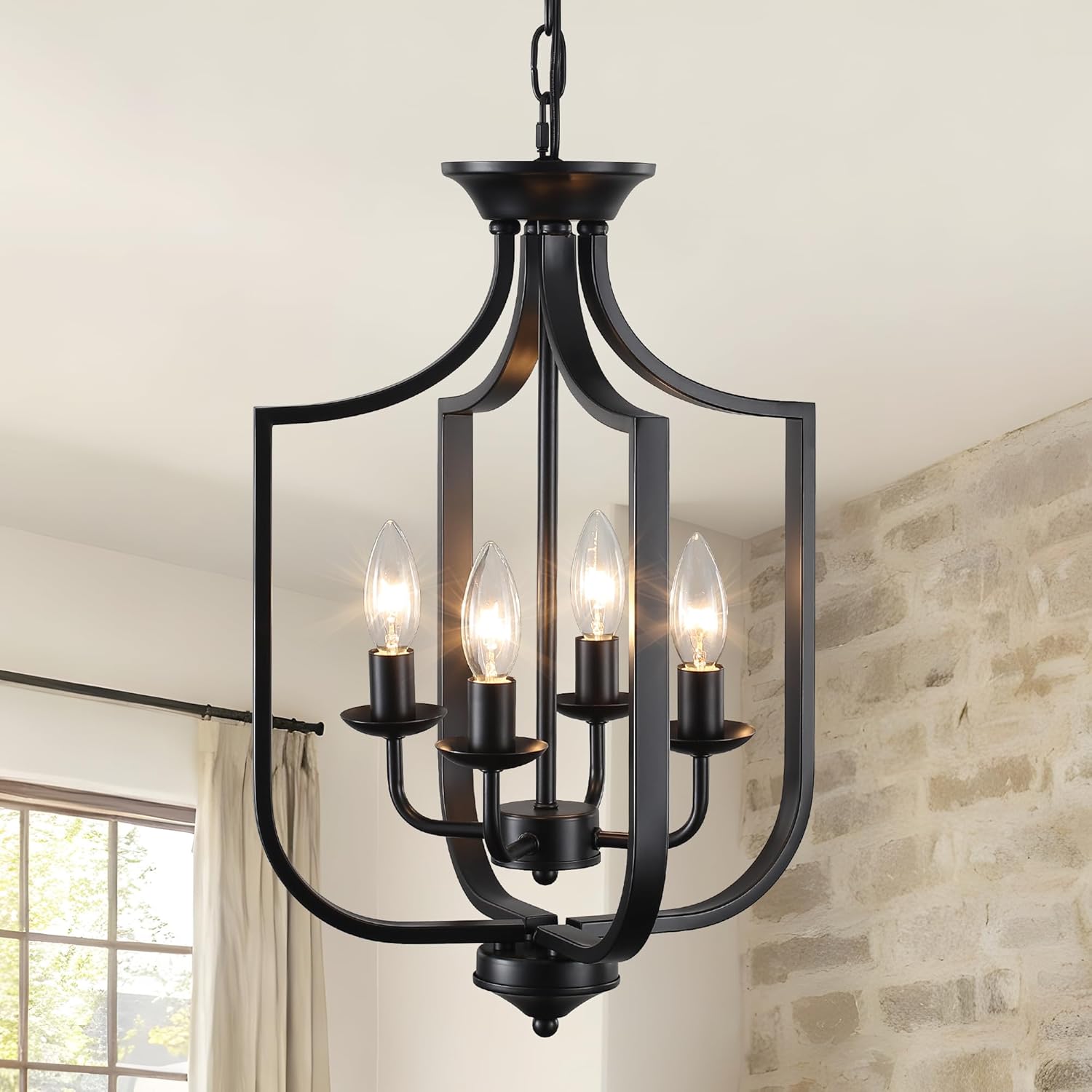 12.99'' Black Chandelier 4-Lights Modern Farmhouse Lantern Chandeliers for Dining Room Rustic Metal Cage Industrial Pendant Light Fixture Vintage Chandelier for Foyer Kitchen Entryway Living Room E12