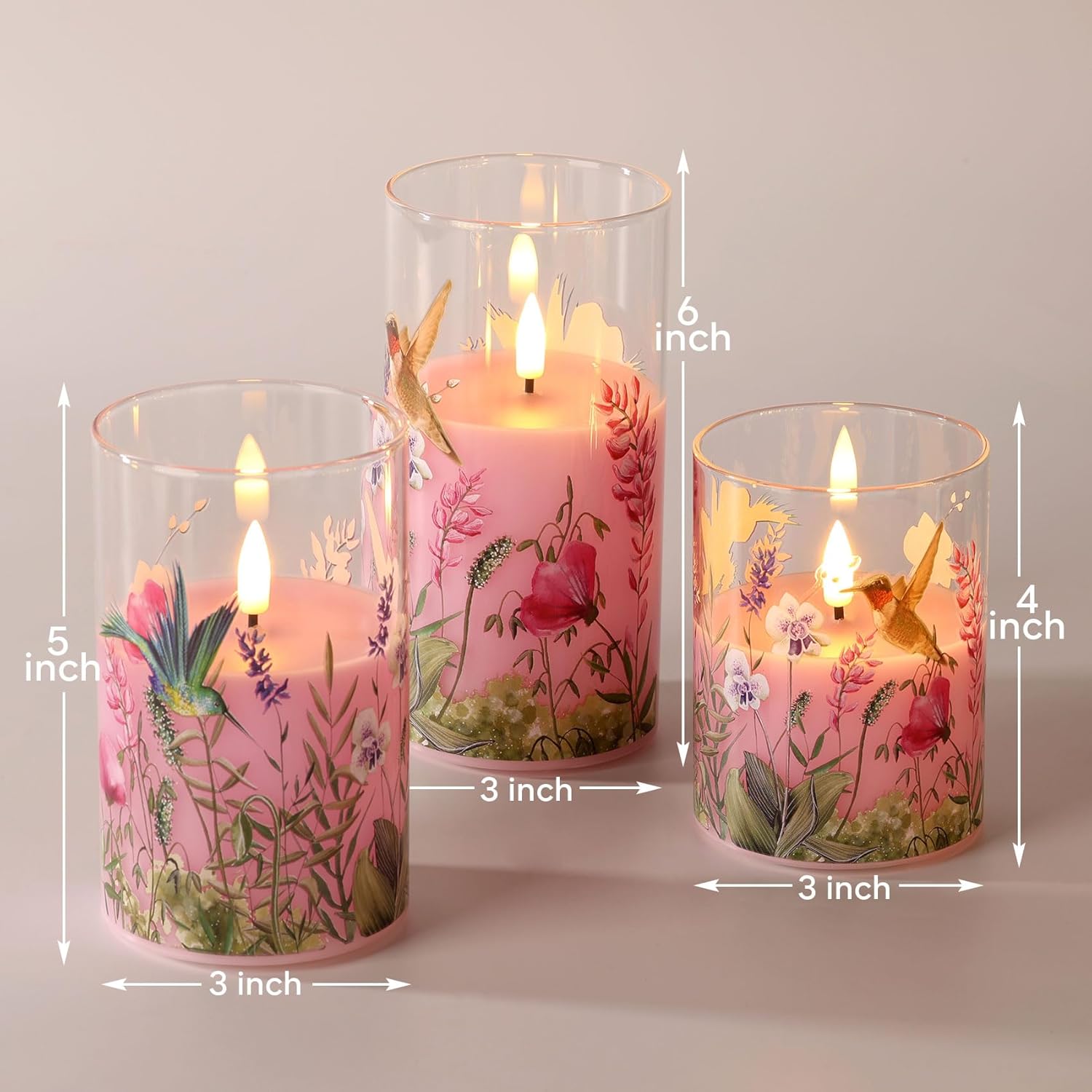 Pink Hummingbird Glass Flameless Candles with Remote, Flickering LED Pillar Candles Battery Operated Set of 3, Spring Home Shelf Decor